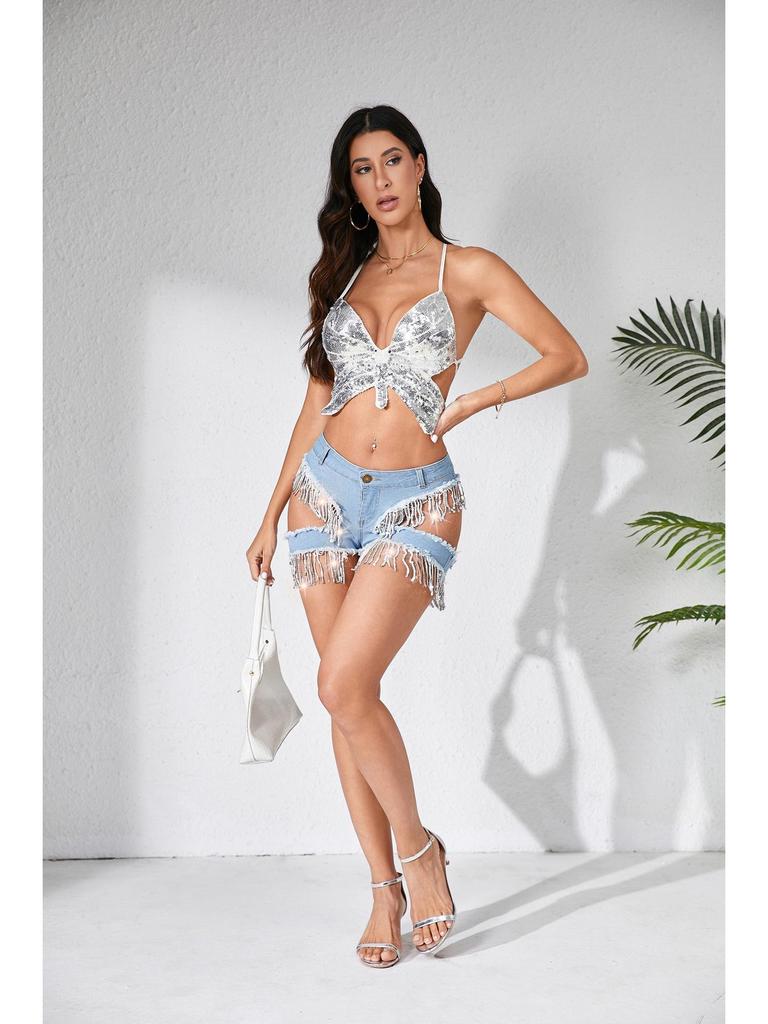 Hoge Taille Denim Shorts met Kwastjes, Pailletten en Scheuren voor Dames