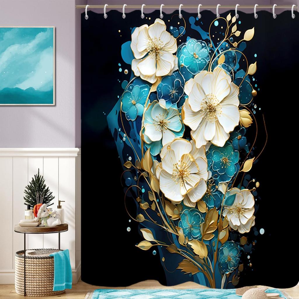Floral Shower Curtain for Bathroom White Teal Blue Flowers Gold Leaves Shower Curtain Set with Hooks Abstract Black Bathtub Decor Waterproof Fabric