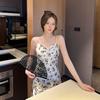 New sexy nightgown women's summer suspender ice silk pajamas printed swinging collar pajamas pure desire pajamas