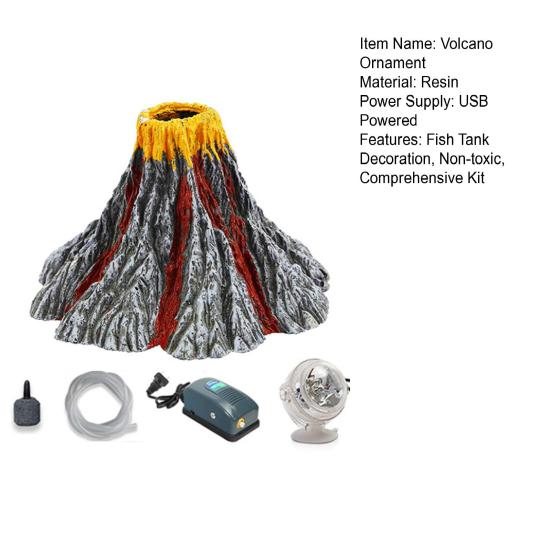Aquarium Volcano Ornament Kit Mini Volcano with Air Stone Bubbler LED Spotlight