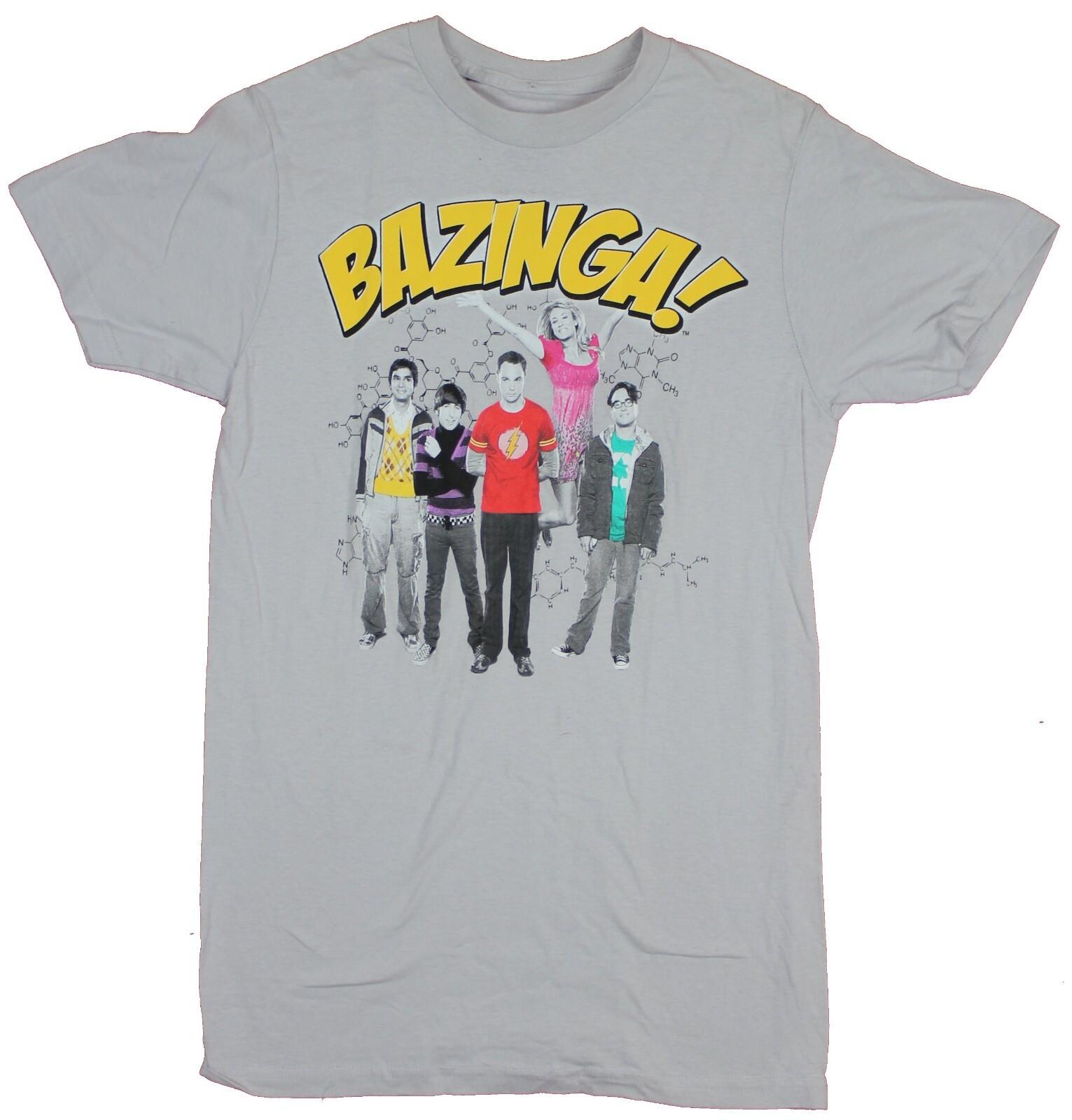 Big Bang Theory Adult New T-shirt Colorful Cast Standing Under Bazinga L
