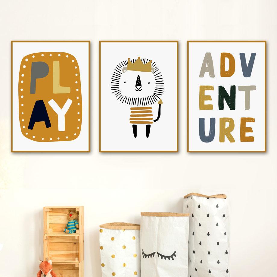 

Poster Print Cartoon Wall Picture for Kids Room Decor Alphabet Rainbow Door Lion Bird Wall Art Canvas Painting