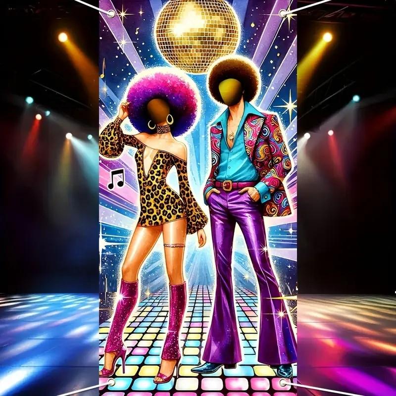 70s Disco Dance Party Photo Booth Backdrop - Retro Theme Hollow-Out Banner with Vibrant Neon Lights & Disco Ball for Birthday,