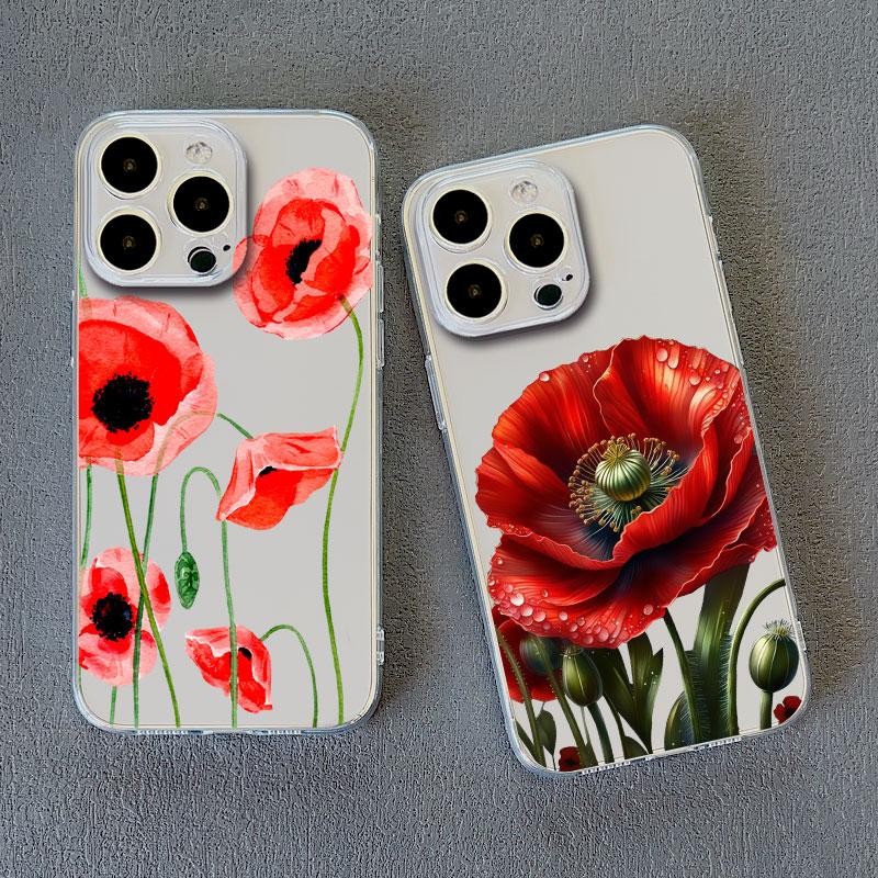 Poppy Flower Bloom Hot Red Clear Case For iPhone 15 11 14 Pro Max 12 13 Pro Max Mini XS X XR SE 2020 7 8 Plus Transparent Cover