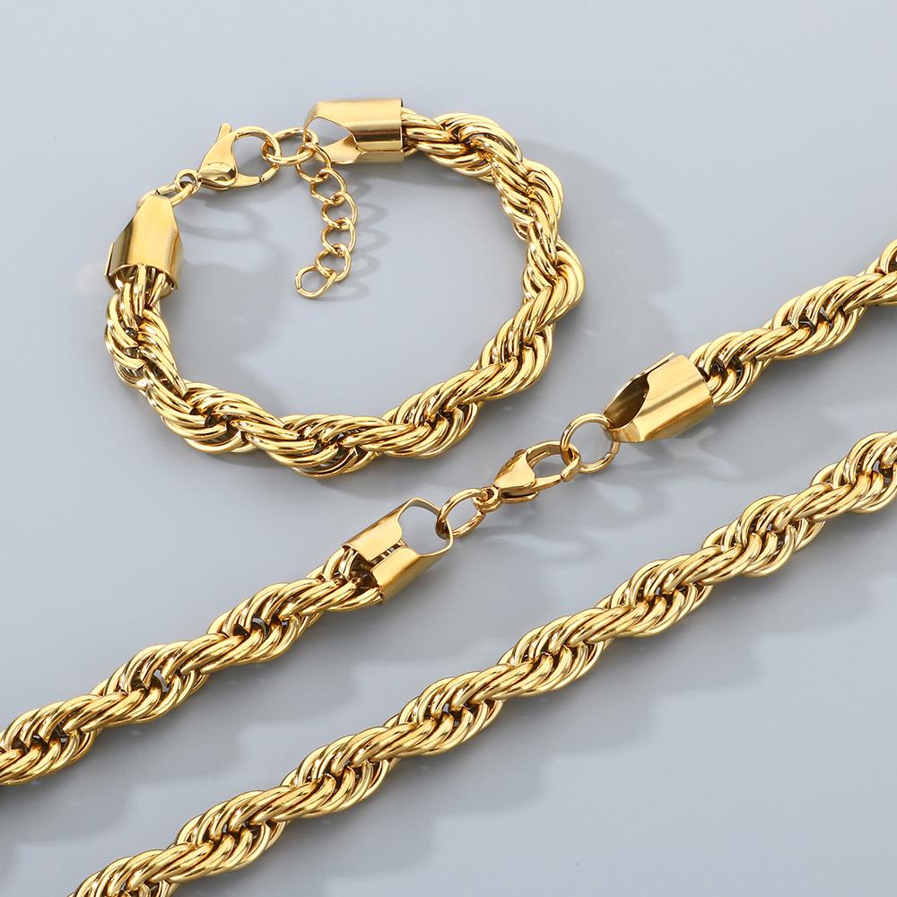 Classic Men's 10mm Twisted Rope Chain Man Bracelet Necklace Set Luxury Black Gold Color 61CM Long Stainless Steel Choker for Men