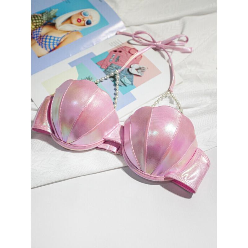 Women's Lavender Metallic Shell Bikini Top with Pearl Chain Straps