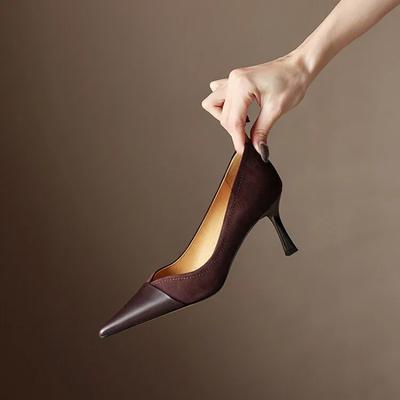 2024 New Stitching High Heels Women's Single Shoes Pointed Thin Temperament Hollowed Out Apricot Matching Shallow Mouth