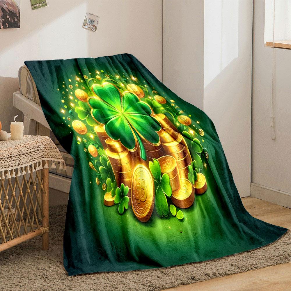 Lucky Clover and Gold Coins Design Print Blanket Soft and Cozy Perfect for the Living Room Bed Sofa or a Nap,gift