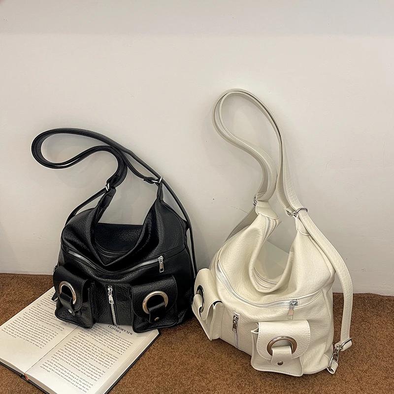 Zippered Monochromatic Crossbody Bag  Versatile Shoulder Bag  Soft Travel Bag  Motorcycle Style  PU Bag  New Product