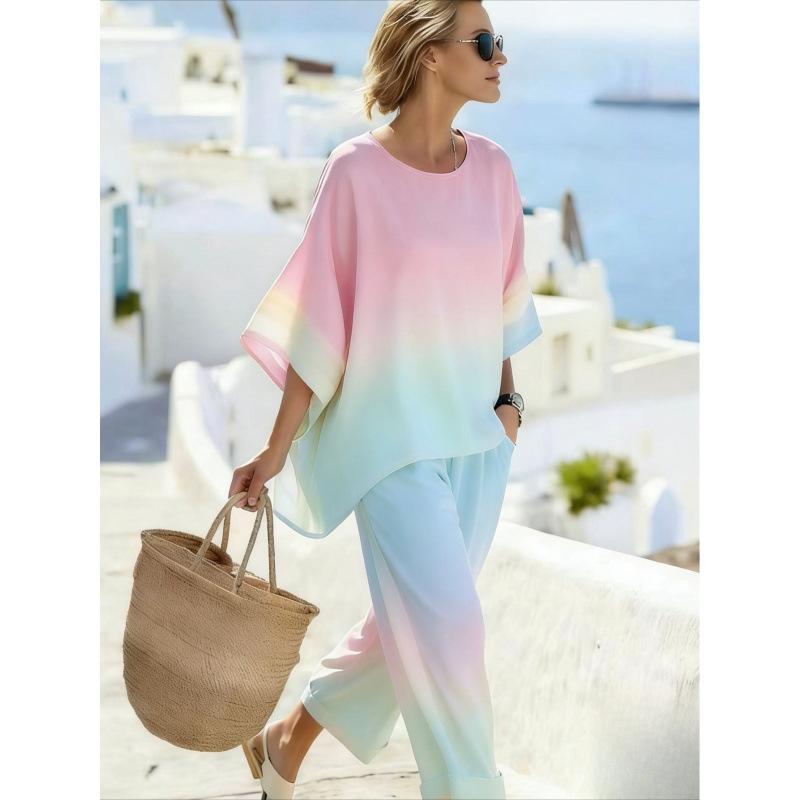 One wholesale, European and American style suit, summer loose round neck bat sleeve top, casual wide-leg pants two-piece set