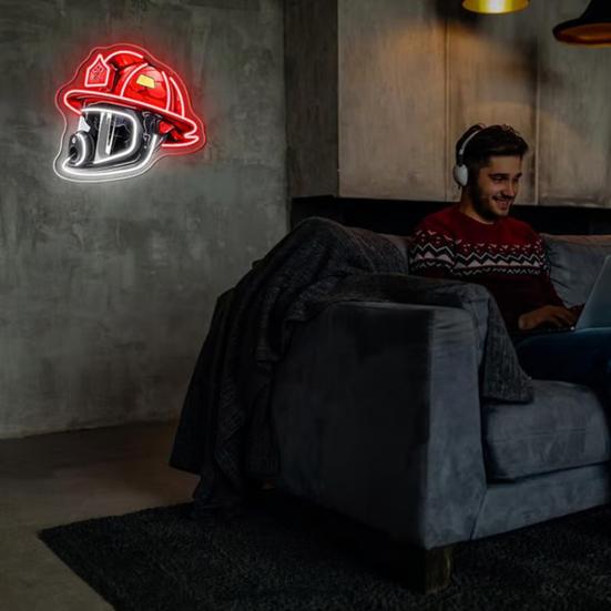 Firefighter Helmet Neon Sign LED Lamp Adjustable Brightness USB-Powered Neon Sign Light Wall Decoration