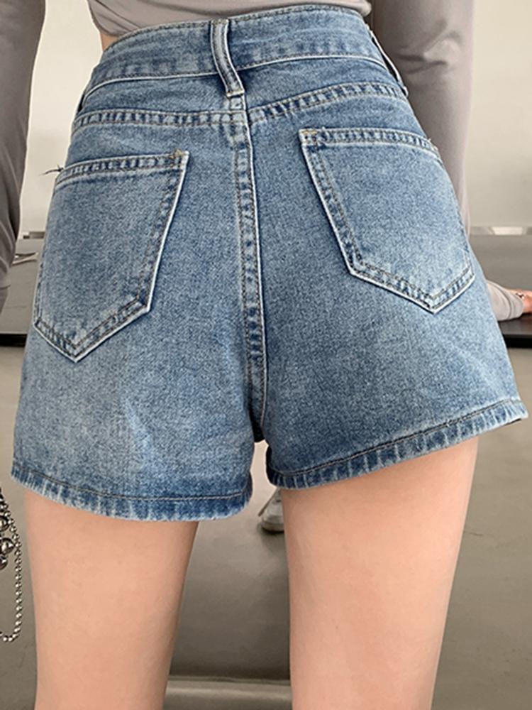New Women High Waist Vintage Split Denim Short Skirt Female Casual A Line Sexy Culottes Lady Light Blue Wrapped Hip Mini Shorts