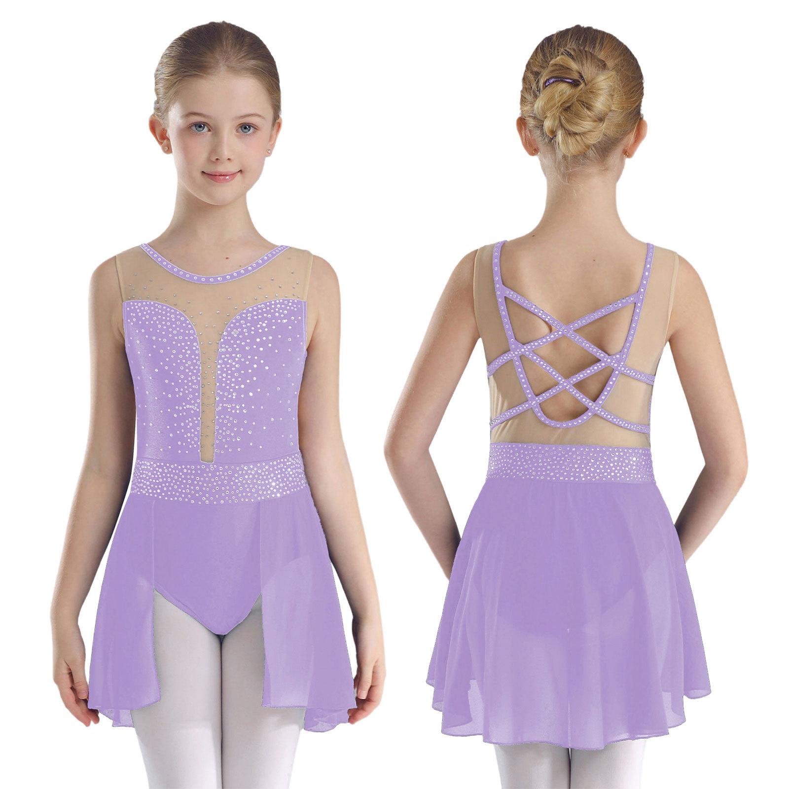 Vestito da pattinaggio artistico su ghiaccio per bambine, costume da danza lirica, body senza maniche con strass 7-8 Years luce colore viola
