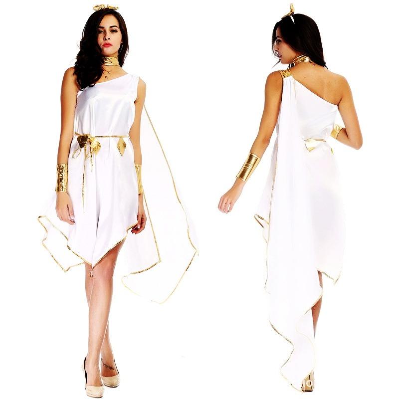 Muse costume, white slanted shoulders irregular flowing skirt ancient mythology stage costume