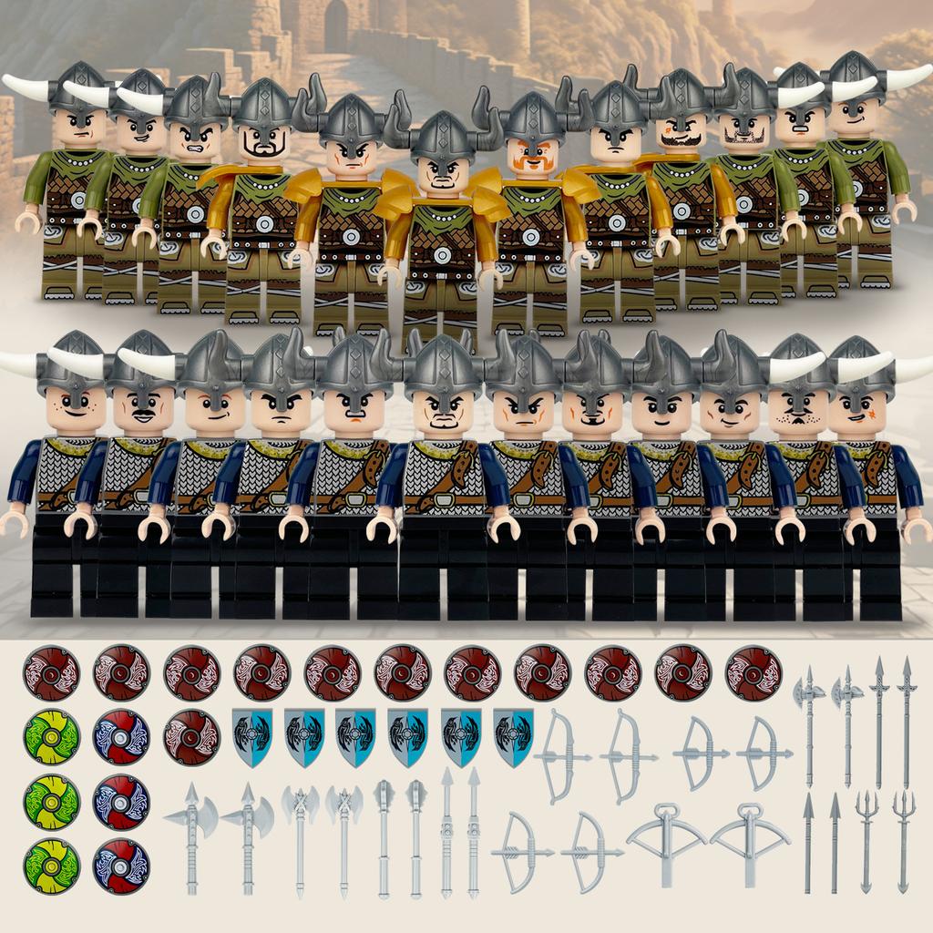 Three Viking Dolls Children Assemble Small Particle Building Block Toys Medieval Soldier Weapon 8170