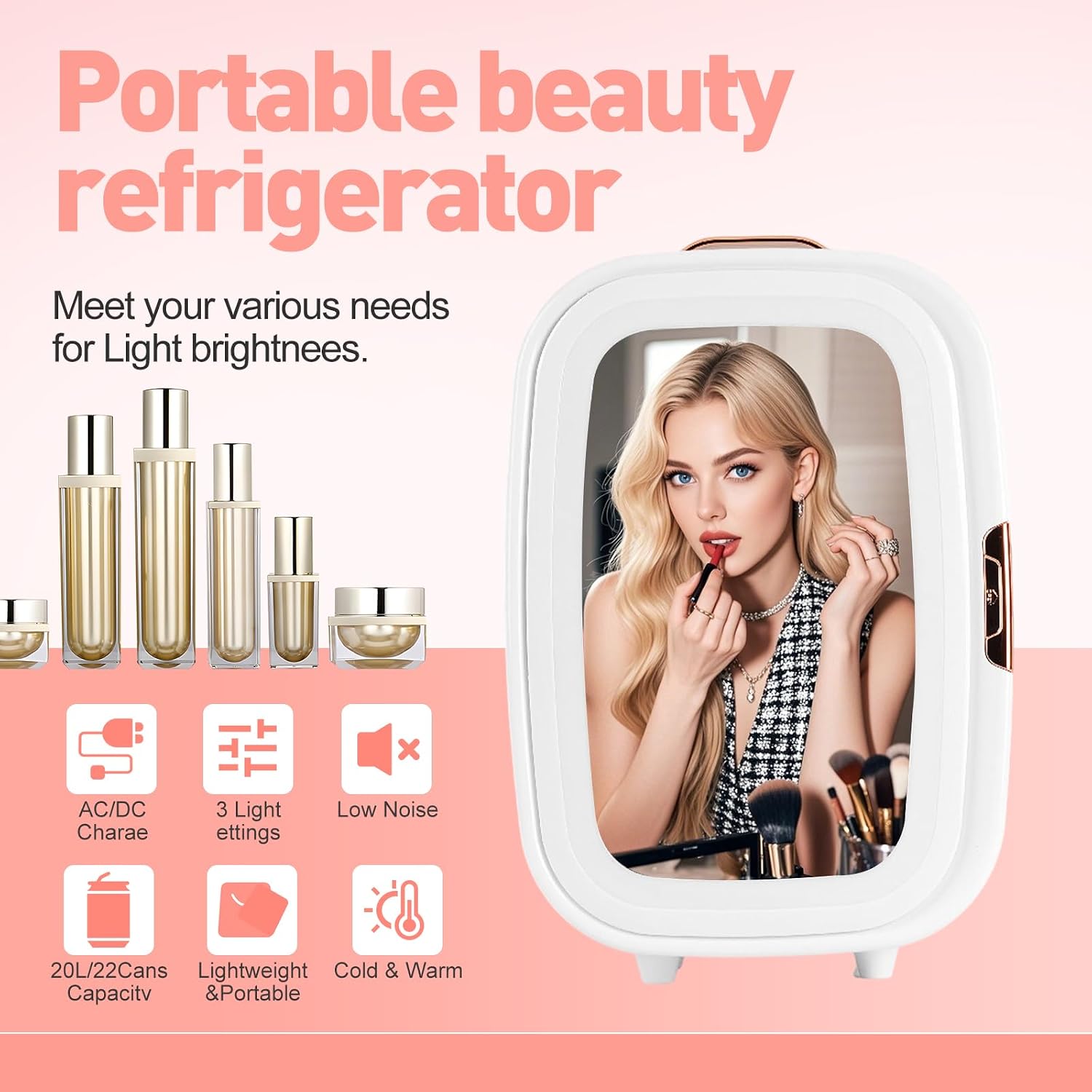 20L Portable Mini Skincare Fridge With Dimmable LED Makeup Mirror AC DC Cooler Warmer