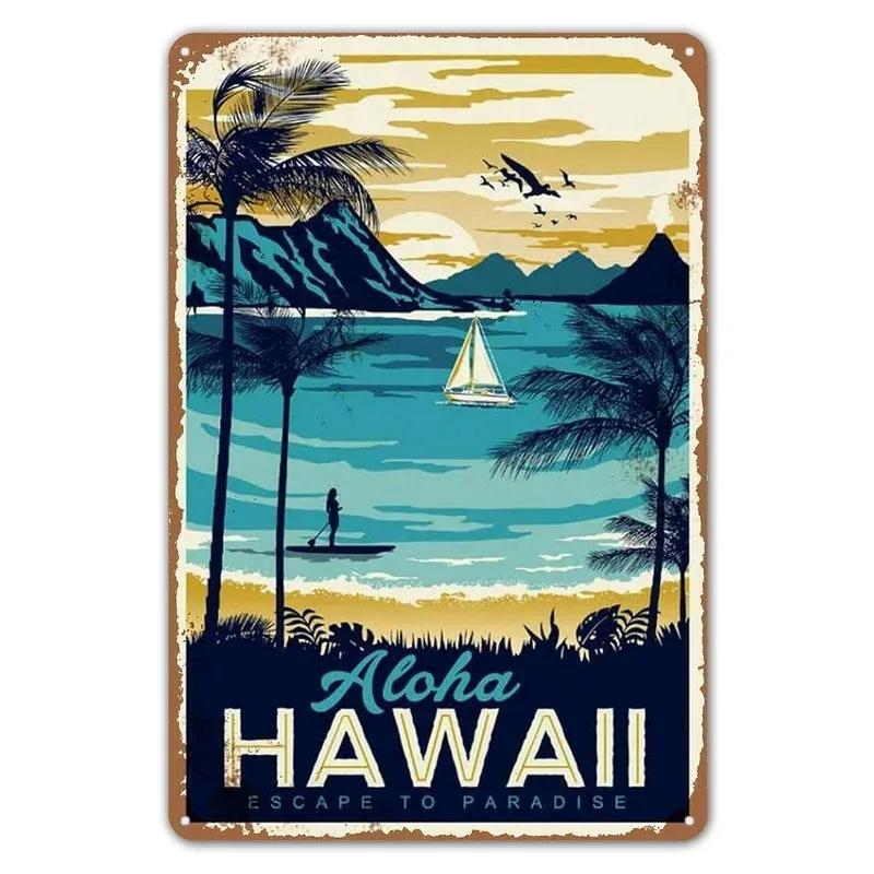 Vintage Hawaii New York Santorini Landscape Travel Tour Poster Retro Metal Aluminum Signs Funny Plaque Home Bar Cafe Wall Decor