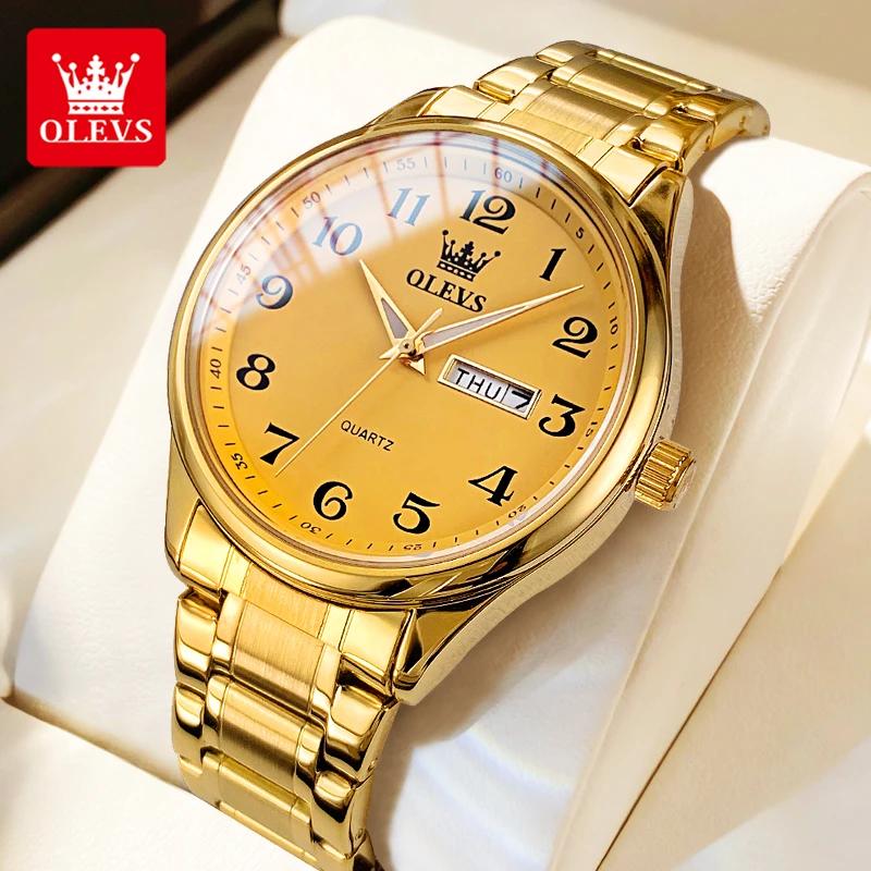 

OLEVS Классические мужские часы из нержавеющей стали, водонепроницаемые, светящиеся, с двойным календарем, кварцевые часы для мужчин золотой
