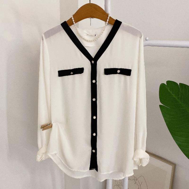Honey J Women S Chiffon Color Block V Neck Button blouSe 2 ColorS