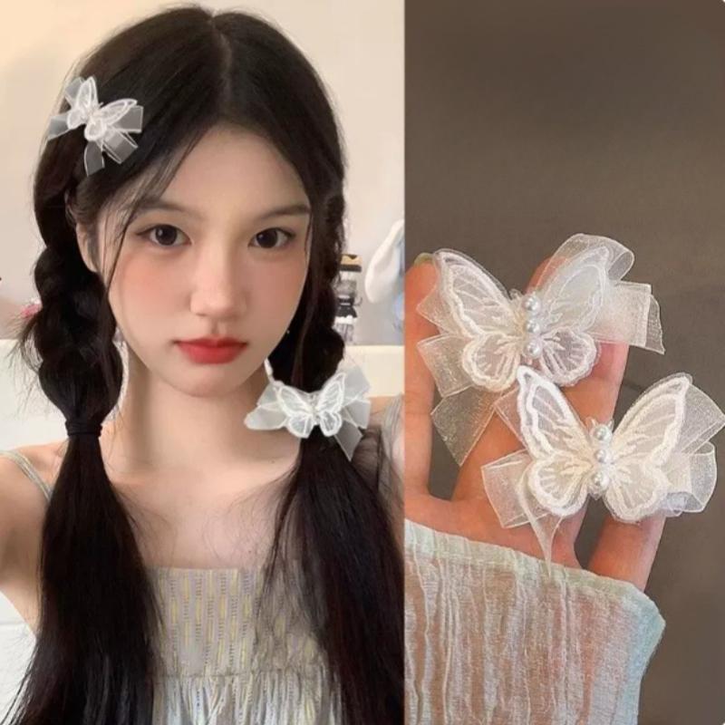 2Pcs Transparent Lace Butterflies Hair Clips for Women Cute Pearls Butterfly Hair Pins Kids Bow Barrettes Girls Hair Accessories