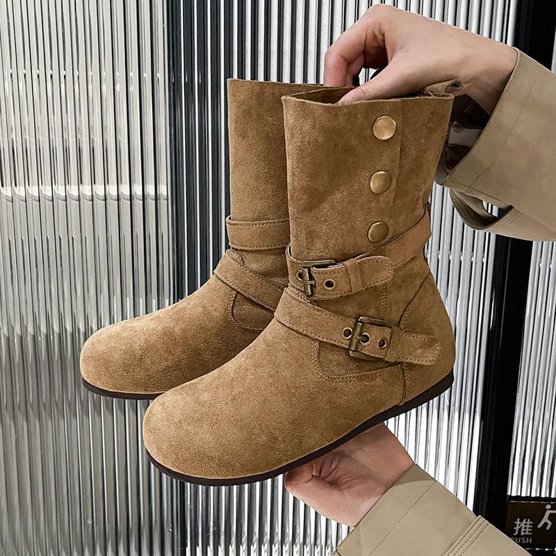 Frosted leather two-wear medium tube short boots Western cowboy fashion boots Women's autumn and winter retro simple and comfortable flat-bottome
