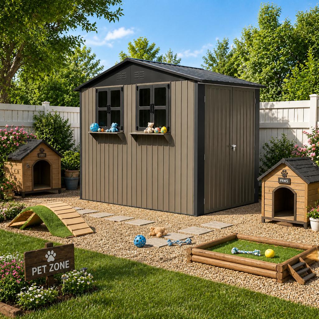 Galvanized Steel Garden House 254.2x170.2cm (4.33 m²), Brown, with Two Openable Double Windows, Lockable Double Doors and Decorative Flower Rack
