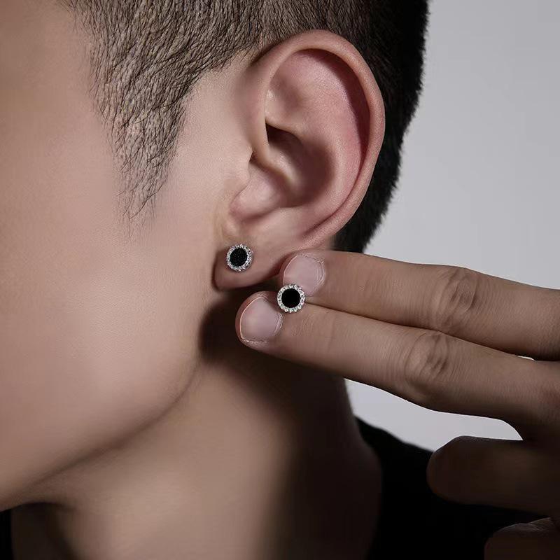 Schwarzer Achat Ohrclips für Männer ohne Piercing: Trendige, sichere Fake-Ohrringe im Hip-Hop-Stil mit hochwertigem Temperament