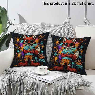 2pcs Graffiti Cool Fox Throw Pillow Covers,2D Flat Print Decorative Square Cushion Cases for Sofa Bedroom Living Room