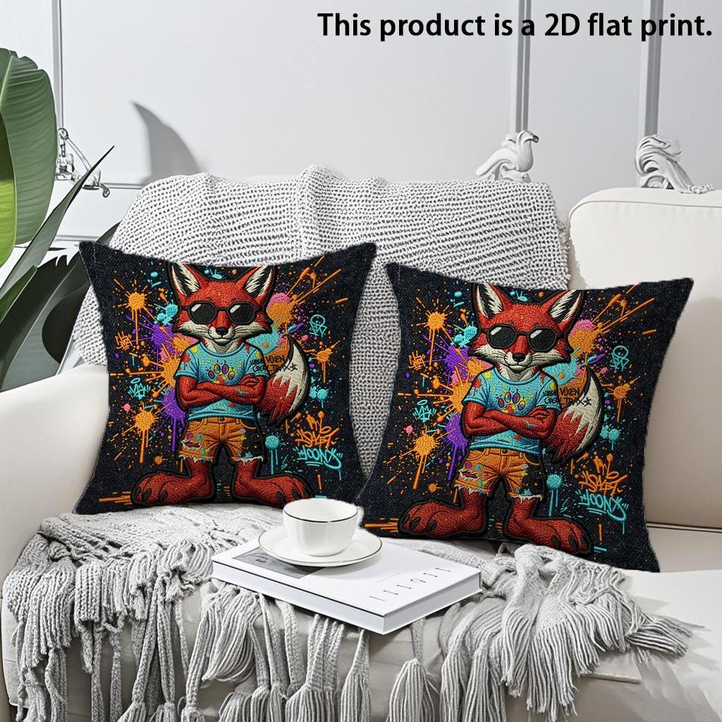 2Pcs Graffiti Cool Fox Throw Pillow Covers,2D Flat Print Decorative Square Cushion Cases For Sofa Bedroom Living Room