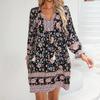 European and American Long Sleeve Bohemian Leisure Vacation Positioning Flower Dress