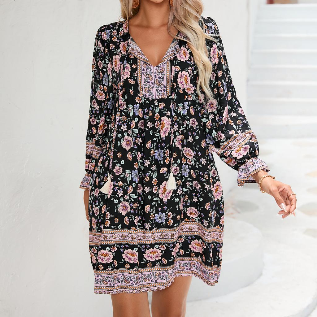 European and American Long Sleeve Bohemian Leisure Vacation Positioning Flower Dress