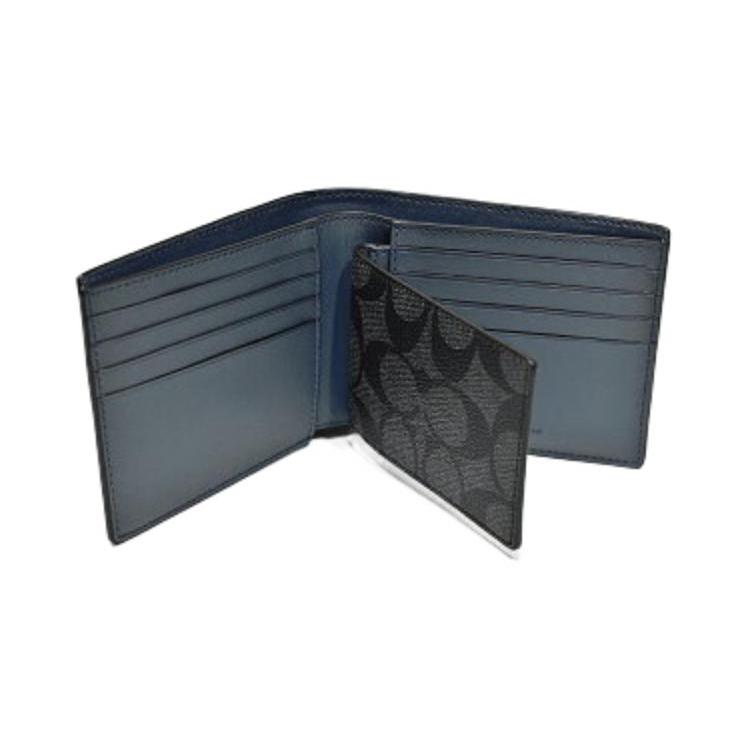 New COACH 3 IN 1 Wallet Canvas With Calfskin Card Holder, Wallet Mini Men's Black & Denim Blue C8297-QBTU9