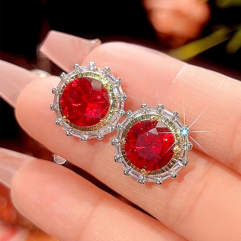 Jewelry Copper Bottom Gold-Plated Simulation Red Corundum Light Luxury Suit Female 12-10Mm