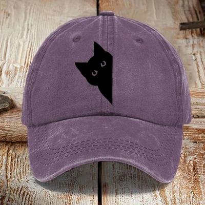 Fun Little Black Cat Printed Visor Baseball Cap Washed Cotton Faded Peaked Cap Outdoor Leisure Adjustable