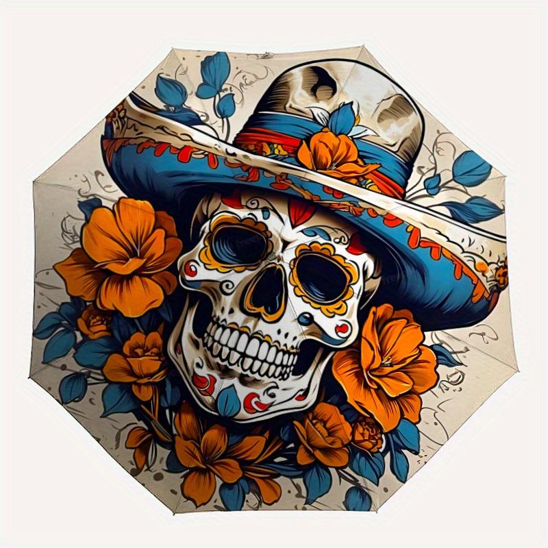 1pc Day of the Dead, Skull Automatic Folding Umbrella, 8-Rib Sturdy Canopy