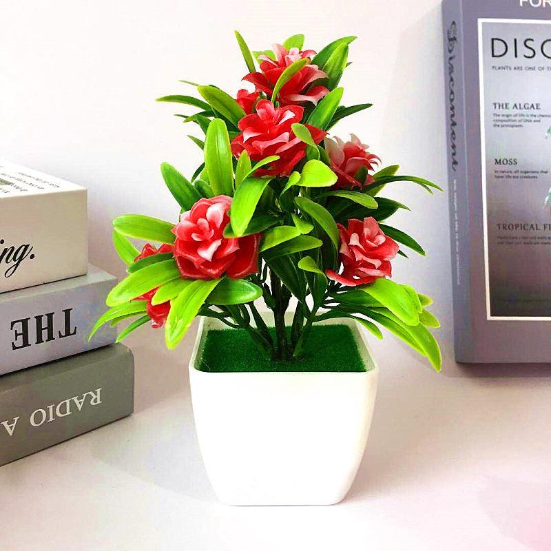 Plastic Lily Cherry Blossom Rose Flowers Potted Plant For Decor Home