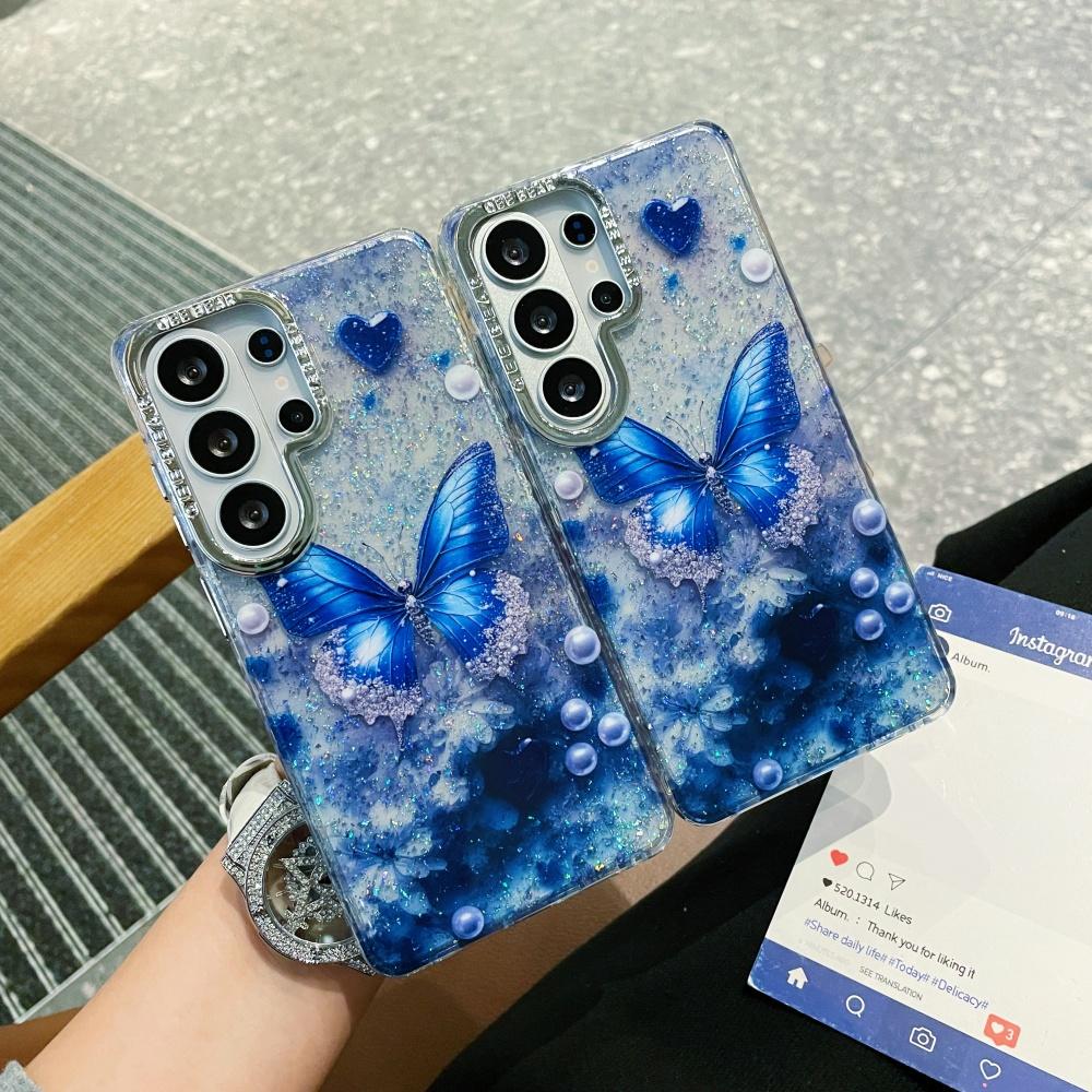 S26 Ultra  Glitter Butterfly Love Phone Case For Samsung Galaxy S26 S2 S24 Plus S23 Ultra Hard PC Bing Cover Shell