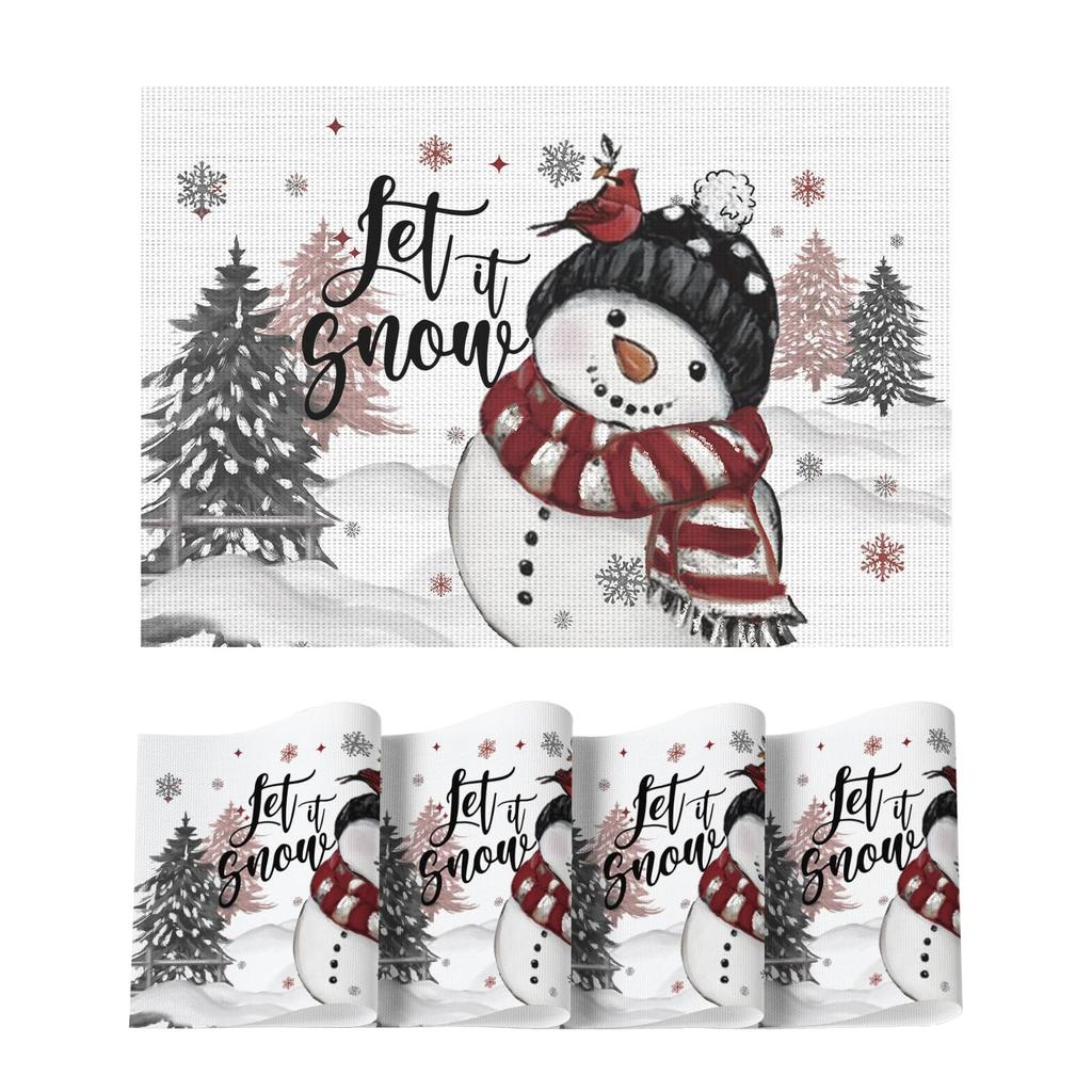 Snowman Vinyl Christmas Placemats Set of 4, 12x18 Inch Washable Plastic Non-Slip Winter Table Mats for Party Kitchen Dining Decor