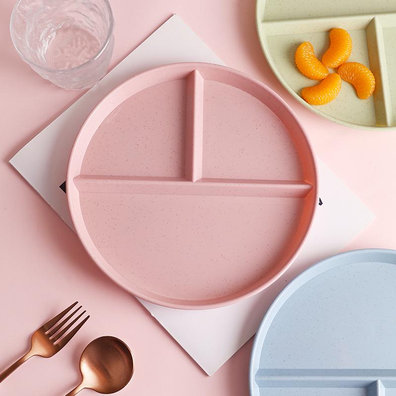 Wheat Straw Portion Control Plate - Three-Compartment Fat-Reducing Round Plastic Plate