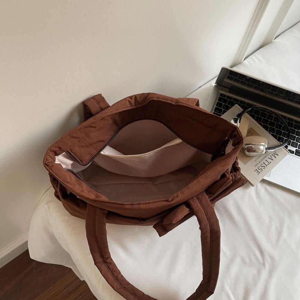 Large Capacity Cotton Padded Shoulder Bag Solid Color Nylon Handbag Bow Tote Bag  Travel Bag