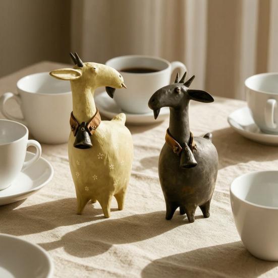 Rustic Fireplace Decor Vintage Goat Figurines with Bell Collar, Farmhouse Animal Desktop Artistic Room Ornaments Statues, Countryside Home Ornament
