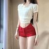Shorts Jeans Feminino Petite Estilo Americano Vermelho Linha A Coleção de Verão 2026