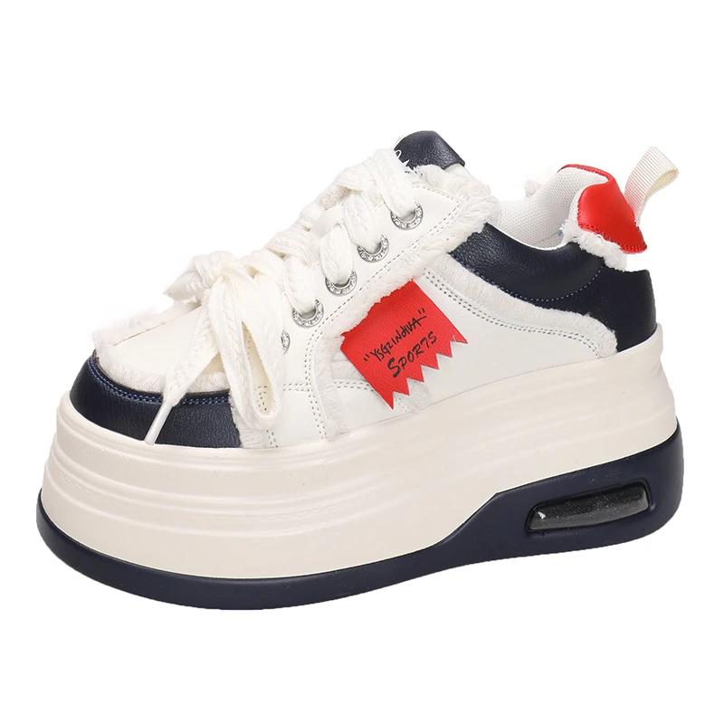 Fashion New Women Chunky Sneakers Autumn High Platform Leather Shoes Thick Bottom Vulcanize Shoes Breathable Female Casual Dad Shoes 8CM