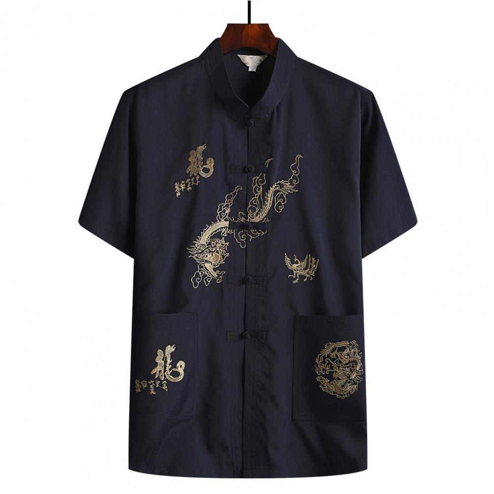 Maglietta Kung Fu Cinese Maglietta Ricamo Drago Cinese Vintage Collo Alto Manica Corta Completo Tang Top Abbigliamento Wing Chun Magliette
