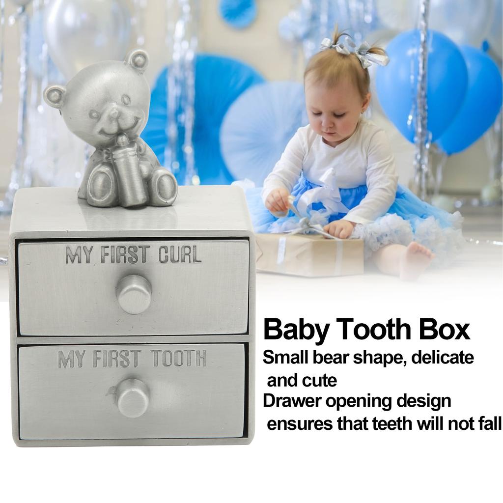 Tooth Box Metal Cute BearShape Storage Case with 2 Drawers for Children Growth Memorial Gift Jewelry Collection(Green Patina )