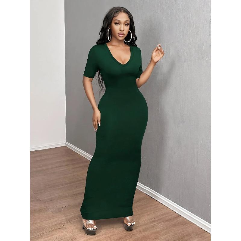 QICED Fashion Summer Spring Solid Color Print Short Sleeve U-Neck Casual Dresses Unique Design