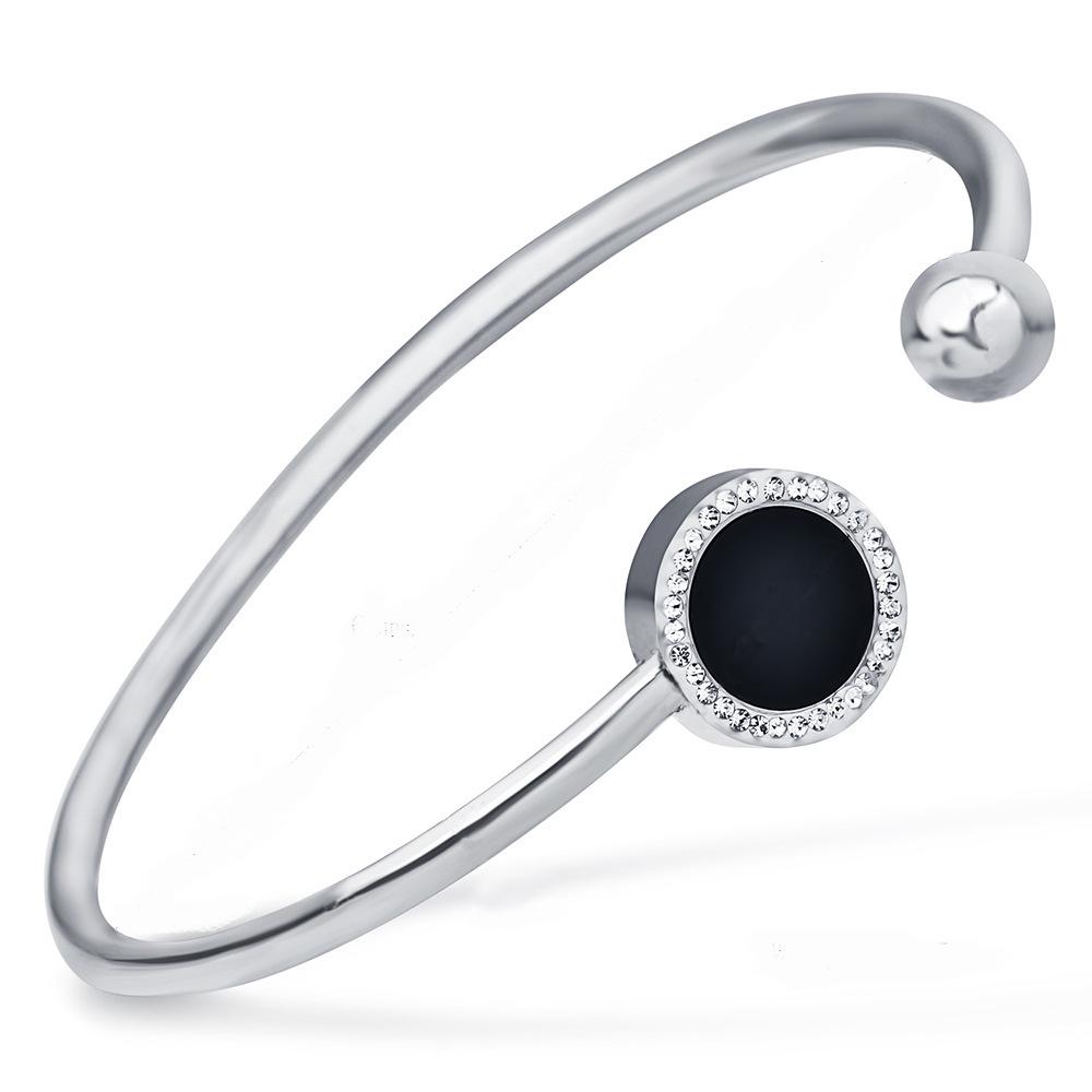 European and American Simple Round Diamond Inlaid Enamel Stainless Steel Open Bangle for Women