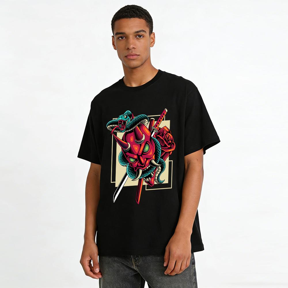 Japanese Hannya Snake Rose Graphic Edgy Top Pure cotton T-shirt