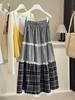 2026 Spring/Summer Women's Retro Plaid Lace Trim A-line Long Skirt with Elastic Waist