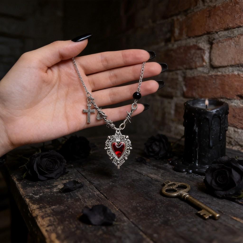 Punk Style Geometric Pendant Necklace With Blood Red Heart For Gothic Fashion